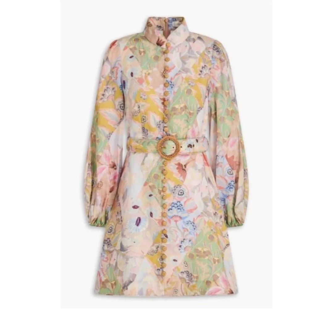 NWOT Zimmermann Belted Floral Print Linen Mini Dress Pastel Sz 3 - Picture 2 of 16